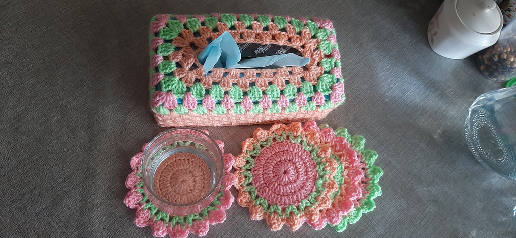 Hand-crafted crochet Tea / Water Trivets / Coasters with Tissue Box Cover